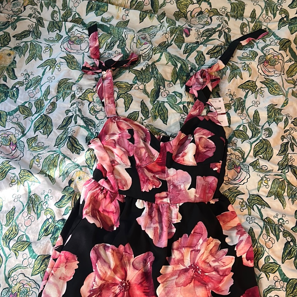Bustier top,  midi length, ruffle bottom linen like material